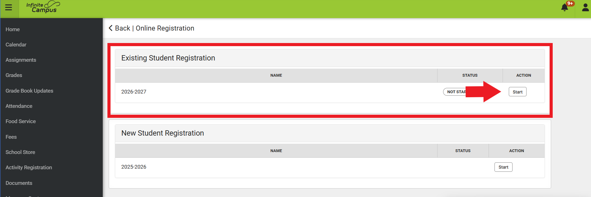 Infinite Campus portal highlighting "Existing Student Registration"